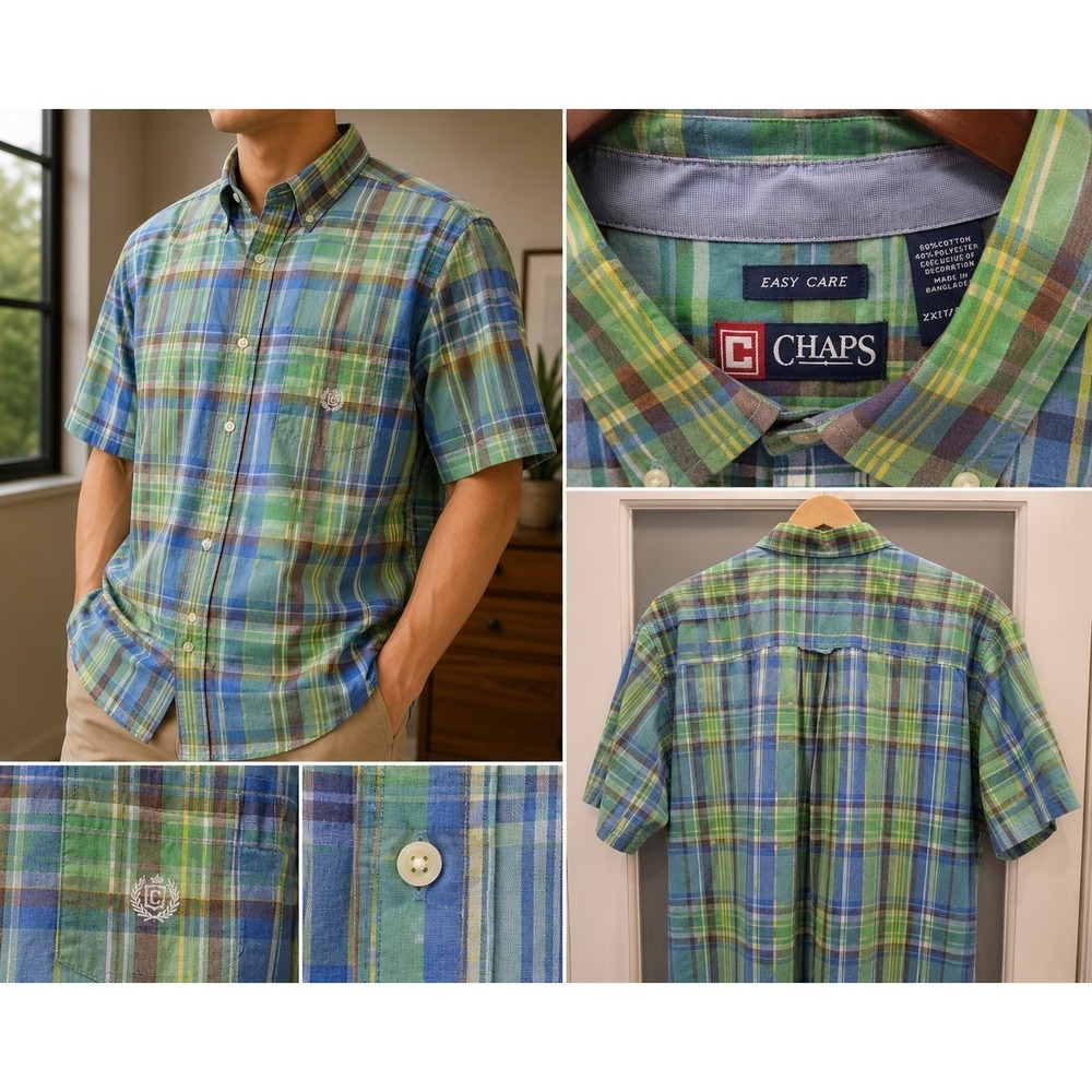 Chaps Easy Care Men's Plaid Short Sleeve Button Front Shirt Blue Green Size XXL